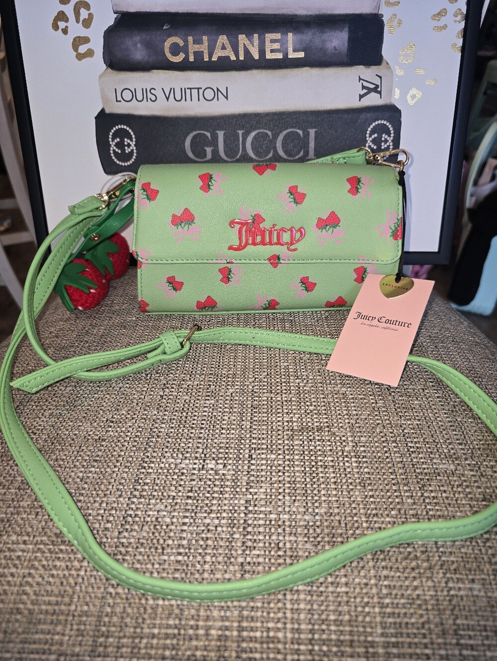 Juicy Couture Lime Green Strawberry-Print Crossbody Bag Nwt